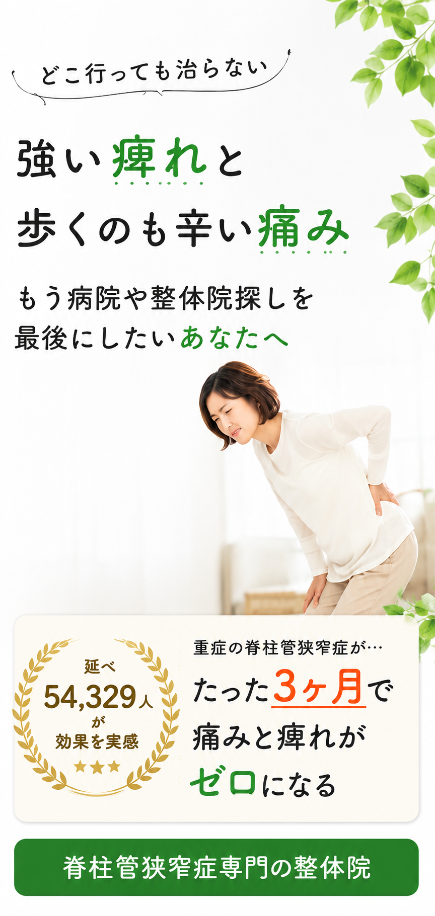 どこ行っても治らない 強い痺れと歩くのも辛い痛み もう病院や整体院探しを最後にしたいあなたへ／延べ54,329人が効果を実感／重症の脊柱管狭窄症がたった3ヶ月で痛みと痺れがゼロになる／脊柱管狭窄症専門の整体院